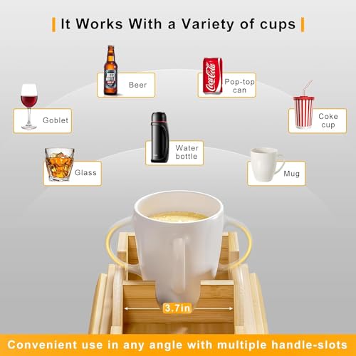 Image of Trendy Trays Bamboo Sofa Armrest Tray - 2 in 1 Couch Arm Tray with Detachable Couch Cup Holder - Anti-Slip Foldable Sofa Rectangular Table Tray - Holder for Drinks Cup Cellphone Remote Snacks, Beige