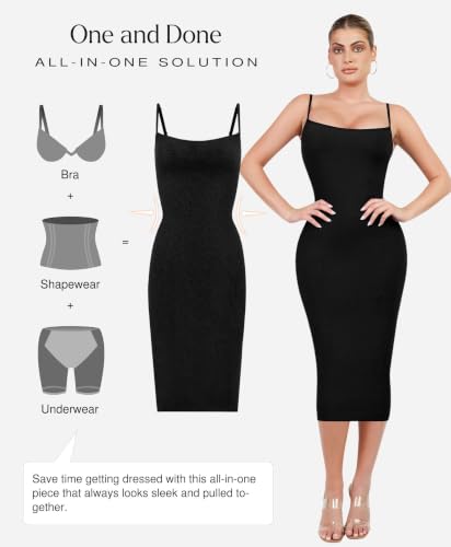 Image of Popilush Bodycon Midi Dress with Built in Shapewear Bra Club Outfits | Light Tummy Control, Spaghetti Straps, Removable Cups, Knee Length, Going Out Summer Dress