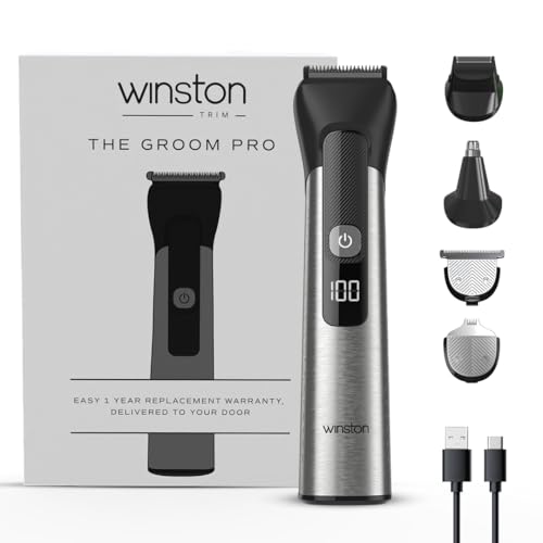 Image of Winston Groom Pro 5 in 1 Grooming Set for Men with 14 Length Attachment Comb, Digital Display, Pedestal, Fast Charging Face, Ear, Nose, Beard, Body Hair Trimmer for Men