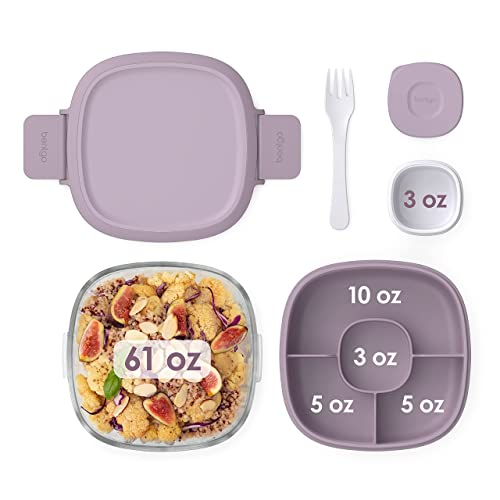 Bentgo® Glass - Leak-Proof Salad Container With Large 61-Oz Salad Bowl, 4-Compartment Bento-Style Tray For Toppings, 3-Oz Sauce Container For Dressings, And Built-In Reusable Fork (Lavender) #TOP5