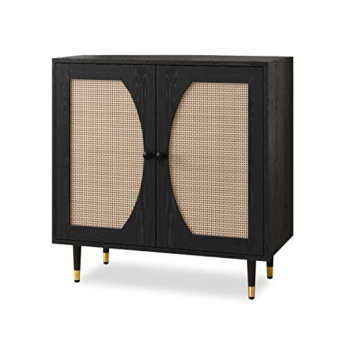 Black Buffet Sideboard Cabinet, Rattan Sideboard With Natural Rattan Doors, Black Rattan Console Table With Storage, Modern Accent Buffet Cabinet With Adjustable Shelves For Living Dining Room #TOP6