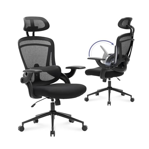 Nouhaus Ergo Fit Ergonomic Mesh Office Chair, High Back Office Chairs Adjustable Lumbar Support, Headrest & Flip-up Armrests, Tile Function, Comfy Desk Chairs Swivel Computer Gaming Chair, Black