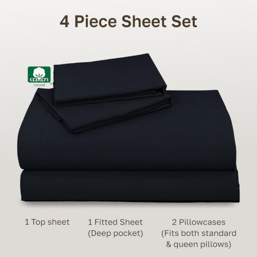 Image of California Design Den Queen Sheet Set - Natural 100% Cotton Sheets Queen Size Bed Set with Deep Pockets, Soft Sateen Weave, Breathable and Durable Bedding (Midnight Deep Blue)