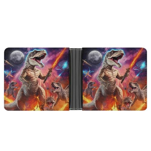 Dinosaur on Fantasy Galaxy Space Funny Men's Slim Bifold Wallet with Multiple Card Slots Front Pocket Purse