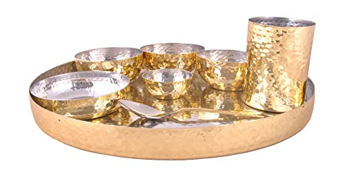 Shiv Shakti Arts Pure Brass Dinner Set | Thali Set Hammered Design 8 Pcs Tin Plated Dinner Set