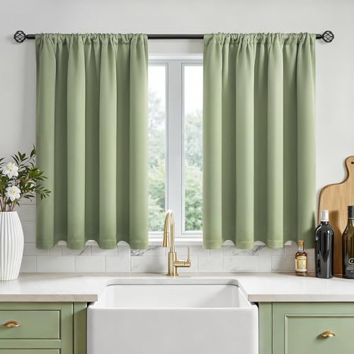 MRTREES Tende Oscuranti Impermeabile Corte a Vetro per Interni Finestre Piccole Cucina Camera da Letto Soggiorno Salotto Tende Termiche isolanti Tenda Corta con Passanti, 120x60cm, Verde, 2 Pezzi