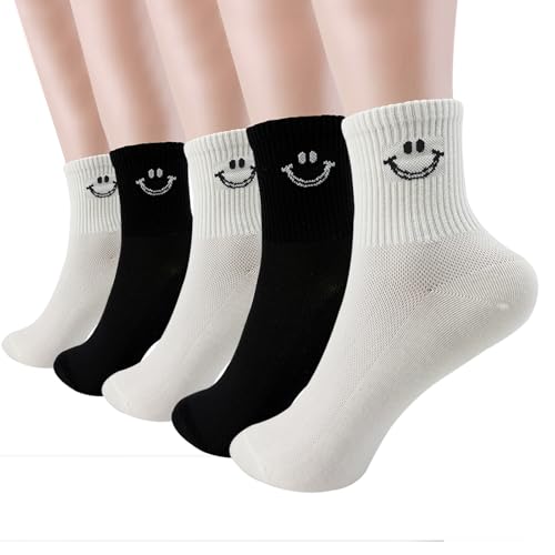 Image of Women Smiley Ankle Socks, Mesh Breathable Thin Cute Casual Athletic Mini Crew Socks, 5 Pairs