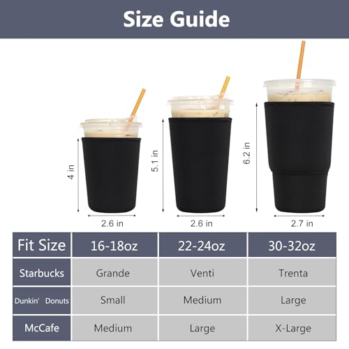 Image of 3 Pack Reusable Iced Coffee Sleeves - Xumbtvs Insulator Sleeve for Cold Beverages, Neoprene Coffee Cup Holder (Black)