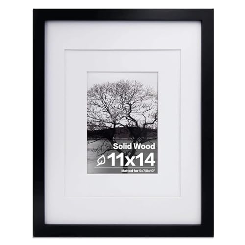 Egofine 11x14 Picture Frame Black - Photo Frame Made of Solid Wood Covered by Plexiglass for Table Top Display Pictures 5x7/8x10 with Mat or 11x14 Without Mat with Wall Mounting Hardware