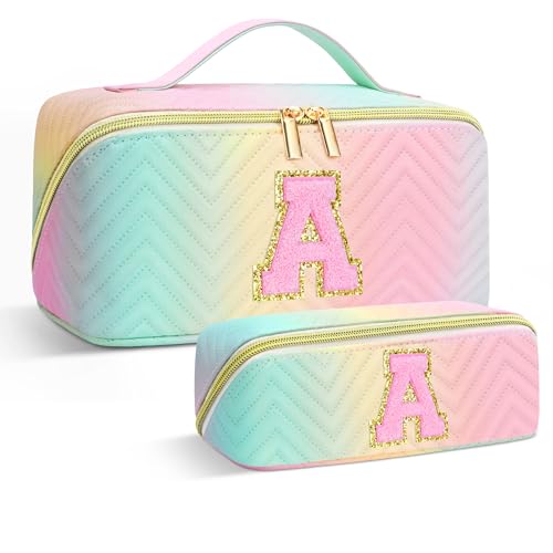 Personalized Initial Makeup Bag | Trendy Cosmetic Bags Travel Toiletry Bag for Teen Girls Women Girlfriend, mother's day/graduation/Birthday day Gifts Portable Make up Bag Leather Waterproof Organizer