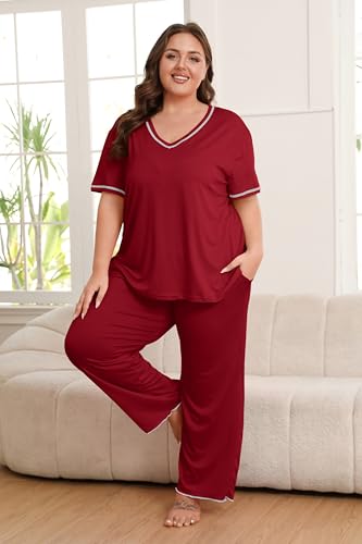 Image of Vozanet Women's Plus Size Pajama Sets Short Sleeve Long Pants Solid Color with Piping Trim Elegant Loungewear Cozy Sleepwear