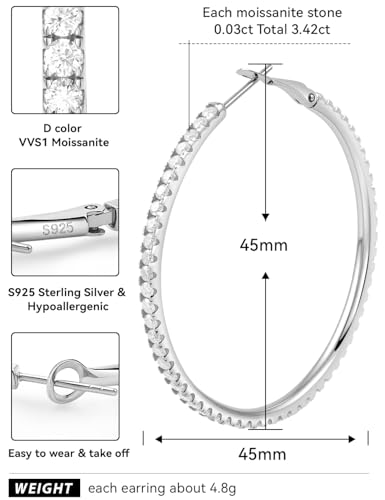 RINEY&KY Large Moissanite Hoop Earrings for Women Thin 18k White Gold Plated Lab Diamond Hoop Earrings Sterling Silver Hypoallergenic VVS D Certified Moissanite Earrings3