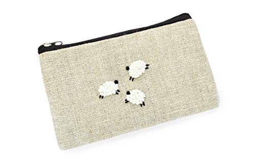 Embroidered sheep coin purse Small lamb wallet Linen zippered pouch for women Change wallet