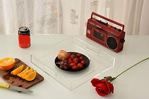 Clear Sturdy Acrylic Serving Tray with Handles - 12x12Inch - Coffee, Appetizer, Breakfast, Butler Tray - Kitchen Countertop & Makeup Drawer Organizer by KEVLANG - Used condition - Image 3