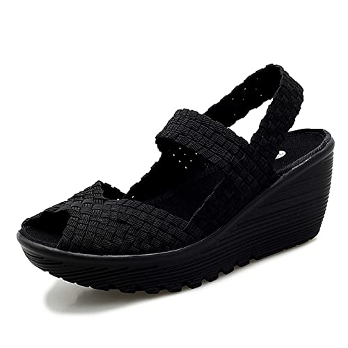Veroders Women's Woven Elastic Sandals Breathable Flexible Comfortable Platform Wedges Sandals Walking Mary Jane Platform Sandals Shoes