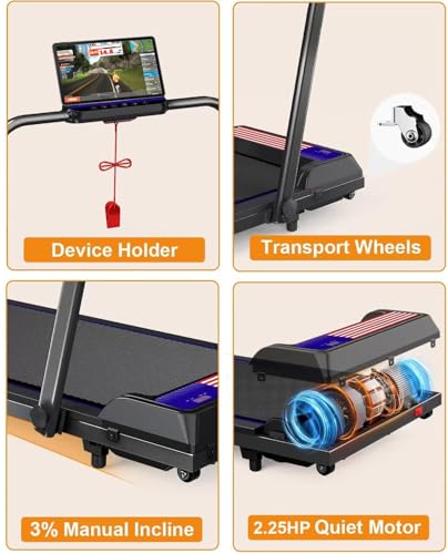 Image of 2.25HP Walking Mat Treadmill,2-in-1 Foldable Under Desk Treadmill with Handle Bar 16 inches Wide Running Belt,LED Touch Screen,Remote Control for Home /Office Use