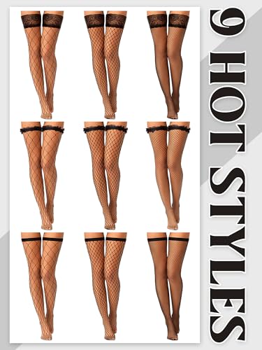 Hicarer 9 Pairs Fishnet Thigh High Stockings Lace Top Sheer over Knee Stocking Silky Thigh High Stockings for Women3