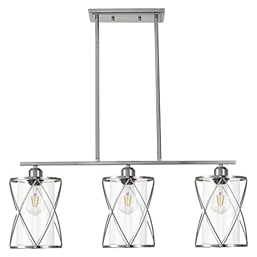 Shengqingtop 3-Light Clear Glass Cylinder Pendant Lights Modern Island Lighting Multi Transitional Kitchen Hanging Light Fixture In Brushed Nickel Finish #TOP1