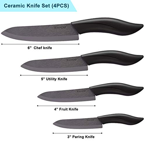 Updated Version Ceramic Knife Set 4-Piece With Sheaths (Includes 3" Paring Knife, 4" Fruit Knife, 5" Utility Knife, 6" Chef Knife) For Home Kitchen(Black) #TOP4