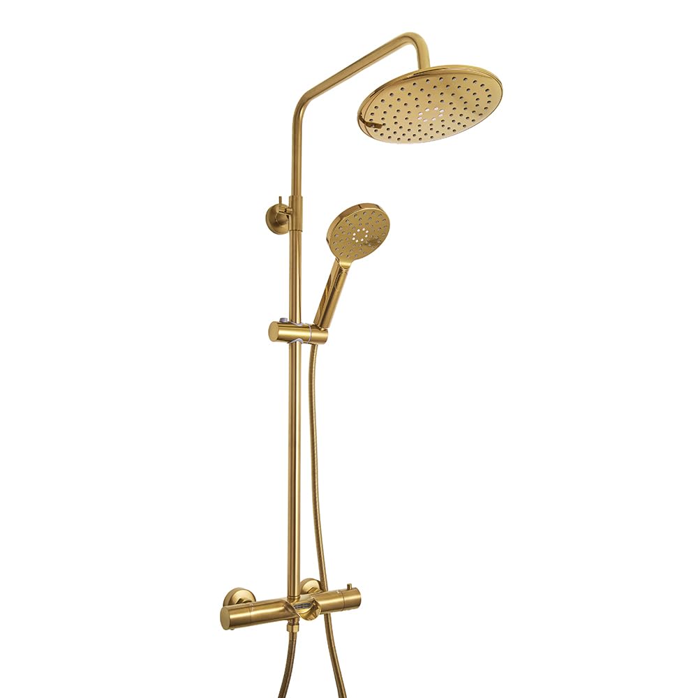 Milano Brushed Brass Arlo Round Thermostatic Bar Valve Shower Head Multifunction Handset Bath Spout - Brass
