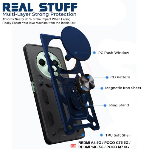 Image of Armor Bumper Back Cover Case for Redmi A4 5G / Redmi 14C 5G / Poco C75 5G / Poco M7 5G Rotating Camera Cover, Ring Holder & Kickstand | Heavy Duty & 360 Degree Protection Back Cover (Blue)