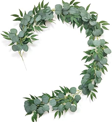 Leixi Artificial Eucalyptus Garland Greenery Eucalyptus Vines Faux Silver Dollar Eucalyptus Strands for Mantle Table Wedding Party Garden Christmas Decoration (Silver Dollar With Willow)