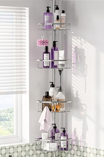 Corner Shower Caddy Tension Pole: Stainless Steel Rustproof 4-Tie...