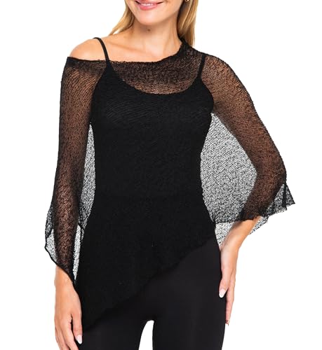 SHU-SHI Womens Sheer Poncho Casual Summer Shrug Bolero Lightweight Knit Black