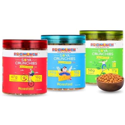Image of PROMUNCH Roasted Soya Crunchies High Protein Snack Gluten Free Plant Based Snack for Fitness Munching Office Travel Pack of 3, Flavour: Cheese & Onion, Peri-peri and Noodle Masala - 150g Each
