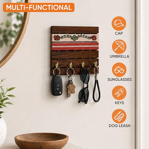 Image of AAKRITI ART CREATIONS Key Holder, Handcrafted Tribal Art Key Hanger | Rustic Wood Wall Organizer with 4 Hooks | New Home Gifts | Multifunctional Entryway Decor Item