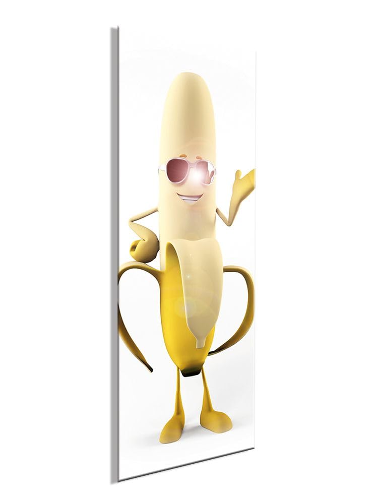 Glasbild Küche 30x80 cm Küchenbild modern: Coole Banane mit Sonnenbrille AG9400A – Wandbild Küche Hochformat hochkant schmal, Küchendeko gelb lustig