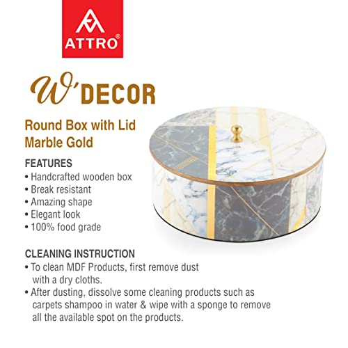 Image of Attro Marble Gold Designer Wooden Lid Box Round Multipurpose Box with Lid for Kitchen Storage Box, Chapati Box, Chocolate Box
