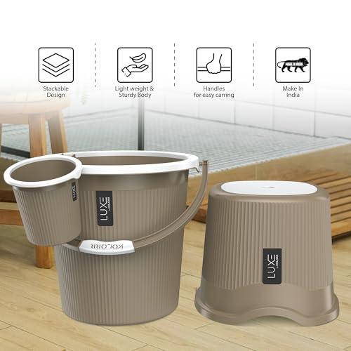 Image of KOLORR Luxe Bathroom Set (Bucket 18L x 2) + (Mug 1.5L x 2) + (Luxe Patla x 1)|Sturdy and Durable |Lightweight| Easy to Clean and Attractive Design|Pack of 5|Ratan LT Brown