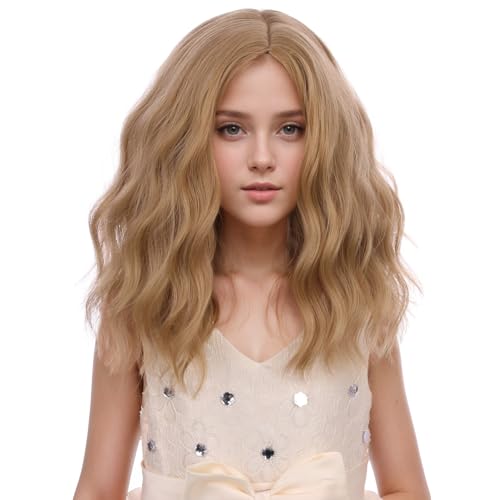 PATTNIUM Kids Child Golden Brown Wig Dirty Blonde Wig for Girls Brown Blonde Wig Short Curly Wavy Wig Side Part Synthetic Wig Cosplay Costume Party with Wig Cap