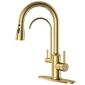 DAYONE Gold Kitchen Faucet with Drinking Purfied Water Faucet, High Arc 3 in 1 Sink Tap Stainless Steel 1 Holes, Two-Handle 3-Way Pull Down Sprayer, (Without System)