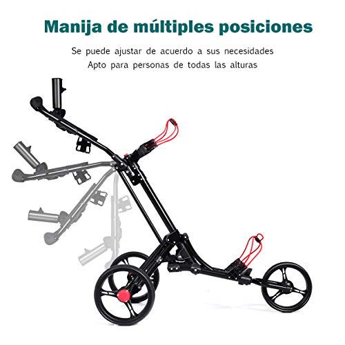 COSTWAY-Carrito-de-Golf-con-3-Ruedas-Plegable-Ajustable-Carro-de-Empuje-Cart-de-Aluminio-con-Paraguero-Negro