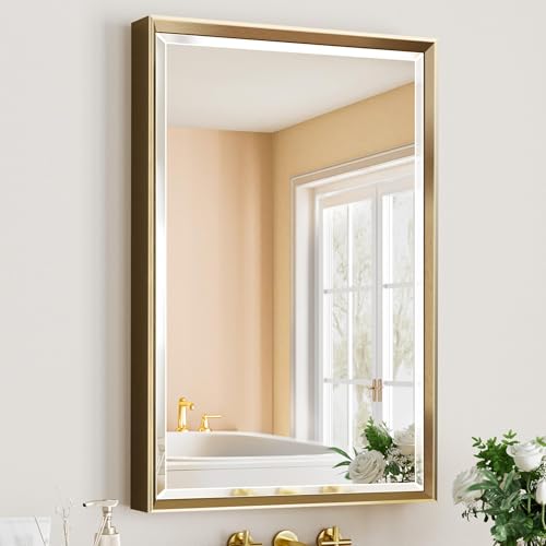 QueenFun Gold Bathroom Mirror, 24x36 Brushed Gold Bathroom Mirror Beveled