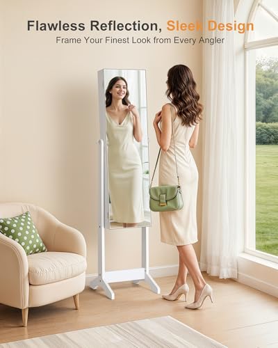Image of Nicetree Jewelry Cabinet Armoire, Freestanding Jewelry Armoire Organizer with Full-Length Mirror, Lockable Jewelry Storage Cabinet, Frameless Mirror, 3 Adjustable Angles, Moon White
