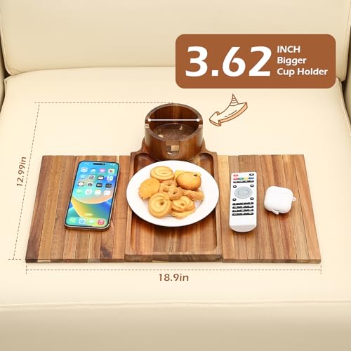 GHKINMAL Couch Cup Holder Tray, Acacia Wood Couch Armrest Table with 360° Ratated Phone Holder, 18.99" Flodable Anti-Slip Sofa Armrest Tray Tables for Snacks Drinks Remote Storage by GHKINMAL - Image 5