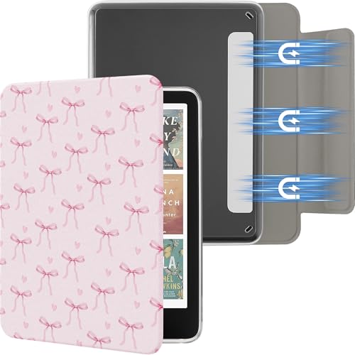 SESENSE Detachable Magnetic Case for 7'' Kindle Paperwhite 12th Gen 2024 and Kindle Colorsoft Signature Edition, Slim PU Shell Cover Case with Auto Wake/Sleep, Pink Bow Tie