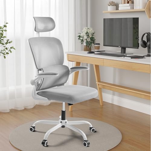 Image of JUMMICO Ergonomic Office Chair, High Back Desk Chair with Adjustable Headrest and Flip-Up Arms, Mesh Computer Chair with Lumbar Support, Gaming Chair, Swivel Task Chair for Home Office, White