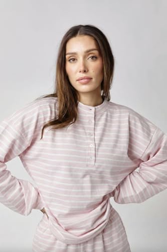 Image of Almere Oversized Cotton Henley Longsleeve Tee, Striped Button Down, Boyfriend Fit