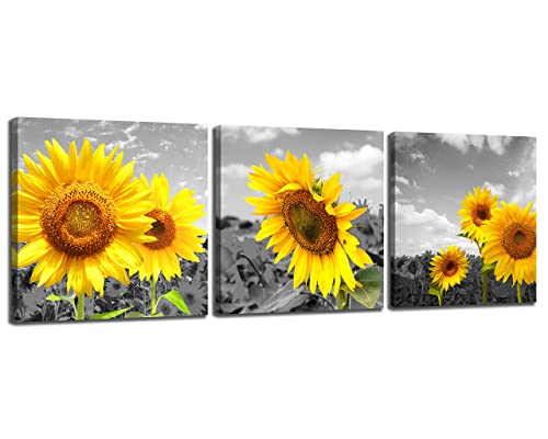 Dobamin 3pcs Sunflower Wall Decor Canvas Prints Kitchen Decor Simple Life Rustic Wall Decor Vintage Sunflower Wall Pictures for Bedroom 3 Pieces Canvas Wall Art Yellow Flowers Painting Bedroom Wall Decor