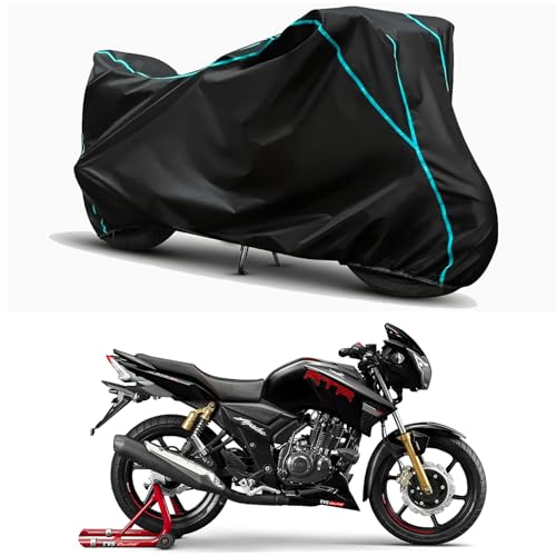 Image of Waterproof Bike Body Cover Compatible for | TVS Apache RTR 160 Disc | Taffeta Fabric, Sky Piping Design, Bottom Elastic Fit | Dustproof, Sun UV & Rain Protection for All Weather.