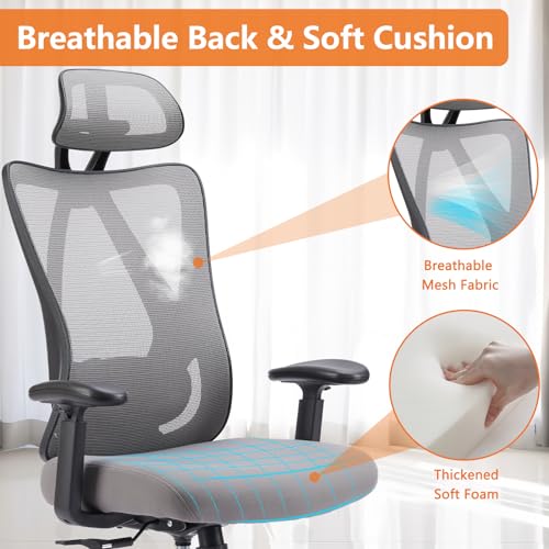 Image of Sweetcrispy Home Office Desk Chair, Ergonomic Rolling Work Swivel High Back 135Tilt Function Big and Tall Computer with Wheels, 2D Armrest Adjustable Lumbar Support & Headres, Modern Grey