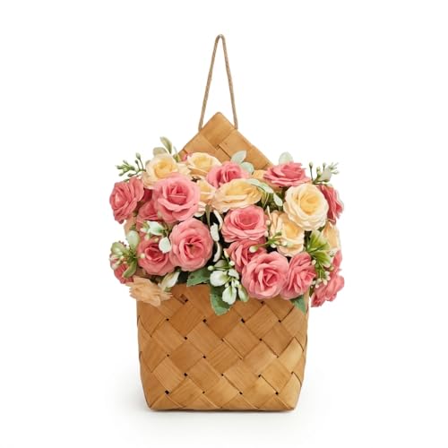 HJXXJ Wall Decor - Cottage Core Decor,Set of 2 Artificial Rose Bouquet & Handwoven Basket,Home Hanging Decorations,Wall Decor,Door Hanging Decoration (Light Pink)