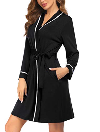 Ekouaer Womens Cotton Robes, Lightweight Robes for Women with 3/4 Sleeves Knit Bathrobe Soft Sleepwear Ladies Loungewear (Black L)