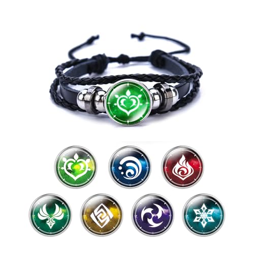 Bracciale Genshin Impact,Bracciale Luminoso Animne,Braccialetti Luminosi Element che Brillano al Buio,Braccialetto Fortunato con 7 Elementi di Ricambio:Fuoco,Ghiaccio,Vento,Erba,Roccia,Tuono,Acqua