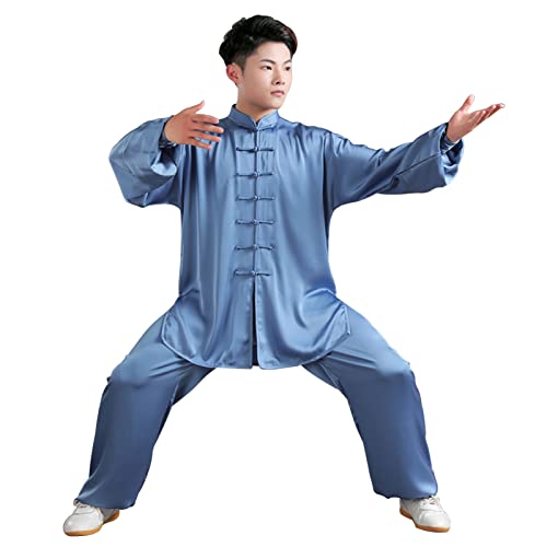 Tai Chi Uniform, Elegant Thin Suit Autumn Taijiquan Practice Clothes Wushu Kungfu Wing Chun Performance Clothes Unisex Blue-L