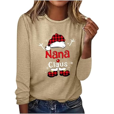 Women's Round Neck Blouse Nana Claus Letter Printing Christmas Party Pullover Tops Comfy Winter Bottom T Shirts Khaki Cover